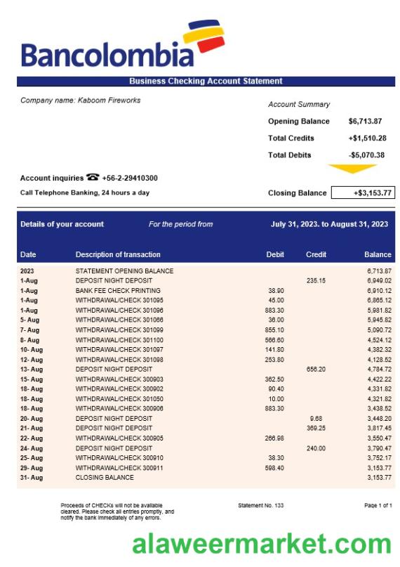 Bancolombia Bank firm statement Word and PDF template